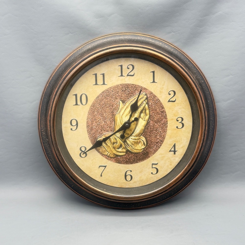 Praying Hands Wall Clock Quartz Bronze Finish 15" Decor Rustic Plastic